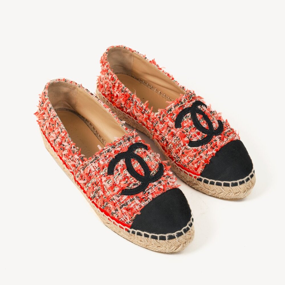 Chanel 21C Coral Tweed Grosgrain CC-Logo Espadrilles